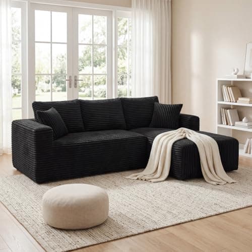 92.5" Modular Sectional Sofa, L-Shaped Cloud Couch with Deep Seats & Chaise, Convertible 4-in-1 Corduroy Boneless Couches for Living Room, Bedroom, No Need Assembly - Black(Right Facing Chaise) - Image 1