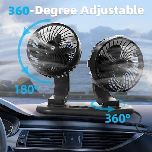 XKV Car Fan 5V Portable Auto Cooling Misting Fan Dual Head Rotatable USB Vehicle Fans 2 Speeds Strong Wind Electric Air Circulation Fans for Car Dashboard Truck SUV Sedan RV Van Boat Golf Cart - Thumbnail 4