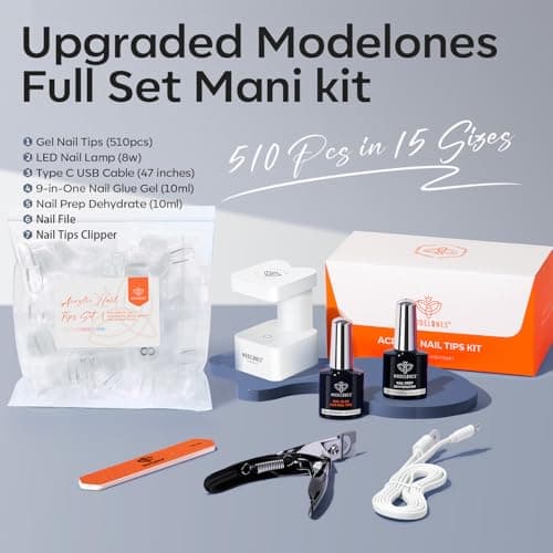 modelones X Nail Gel Kit Medium Coffin, Upgrade 510Pcs Fake Nails, 9-in-One Glue Prep Dehydrator & Portable Mini U V Light Acrylic Clipper, Coffin Tips Extension Kit for DIY Salon Home Gifts - Thumbnail 5