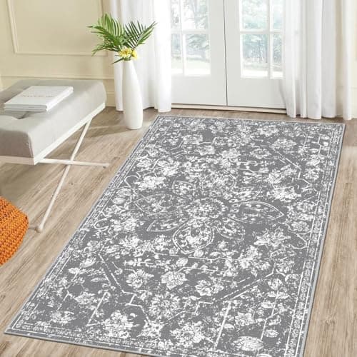 Pauwer Vintage Area Rug 3x5, Non-Slip Non-Shedding Distressed Entry Throw Rug, Indoor Accent Rug Washable Low-Pile Floor Carpet for Door Mat Entrance Kitchen Bedroom Living Room,(3'x5', Grey) - Image 1