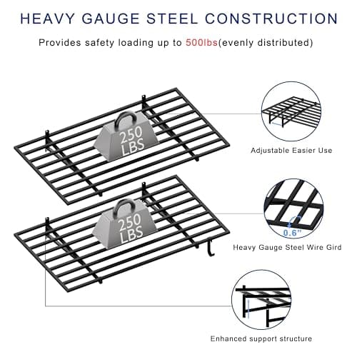 HDDFER 2-Pack 2x4ft Garage Shelving Wall Mounted, 24x43 inch Wall Shelf Heavy Duty Garage Storage Shelves Floating Shelves with Hooks, 500LB Capacity - Thumbnail 4