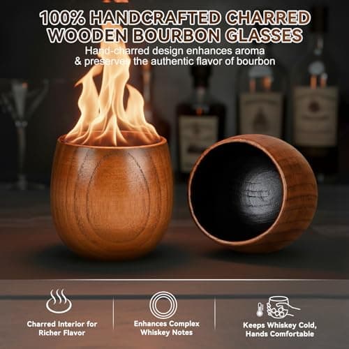 Solunvia Charred Wooden Bourbon Drinking Glass Wooden Whiskey Glasses Set of 2 with 6 Stainless Steel Whiskey Stones and Tongs Old Fashioned Glass Bourbon Gifts for Men (2 Pack – Tube Gift Box) - Thumbnail 2