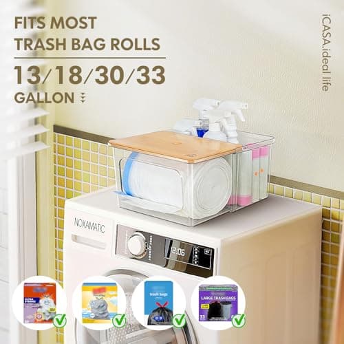 iCASA Trash Bag Dispenser Holder - 2 in 1 Acrylic Under Sink Organizer Garbage Bags Container with Bamboo Lid, Holds up to 100 Count 13/30/33 Gallon Bag Roll for Kitchen, Pantry, Laundry Room Storage - Thumbnail 4