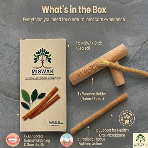 MISWAK Sticks - Pack of 10 Natural Toothbrush Sticks with Wooden Holder | Sewak Sticks for Teeth | Authentic Peelu Wood (Salvadora Persica) | Teeth Whitening & Gum Strengthening - Thumbnail 3