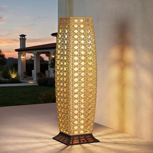 Grand patio Outdoor Floor Lamp Solar Lantern, Water-Resistant Natural Wicker Boho Patio Light with 50/100 Lumens Dual Brightness & Memory Mode for Garden Porch Deck Decor, Large Diamond Natural - Image 1