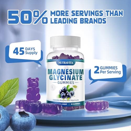 Magnesium Glycinate Gummies 1000mg with Magnesium L-Threonate,Chelated Magnesium Potassium Complex Supplement with VitD, B6, CoQ10, Calcium,Supports for Memory, Calm, Mood - 90 Gummies Blueberry - Thumbnail 6