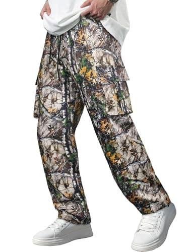 Comdecevis Men's Camo Cargo Pants Workout Joggers Stretch Sweatpants Hiking Drawstring Tactical Pants with Multi Pockets 40w