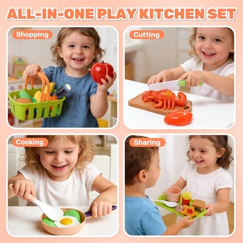 CUTE STONE 70+ PCS Kids Play Kitchen Accessories, Pretend Cooking Toys with Peelable & Cuttable Play Food, Cookware, Tableware & Utensils, Shopping Basket, Tray, Educational Gift for Girls & Boys - Thumbnail 2