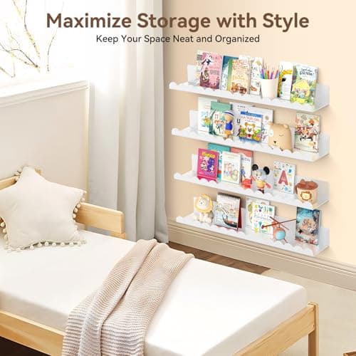 Gattlukd Floating Shelves for Wall, 23 Inch Metal Nursery Book Shelves 4 Pack, Wall Mounted Book Shelf for Kids Room, Bedroom, Bathroom, Playroom Decor （White） - Thumbnail 6