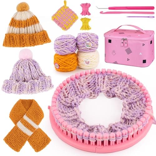 Knitting Loom Craft Kit for Kids & Beginners - Create Hat & Scraf with Yarn, Hook Needle, Ideal Birthday Christmas Gifts for Teens Girls Age 6-8 8-12 14+, Pink Loom