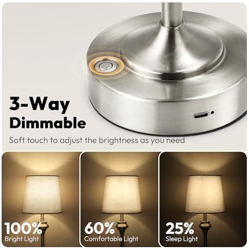 NIORSUN Portables Cordless Table Lamp,Flaxen Fabric Shade Battery Operated Lamp,5200mAh Bedside Table Lamp with Warm White,3 Way Dimmable Touch Desk Lamp for Bedroom Living Room Restaurant (Silver) - Thumbnail 5