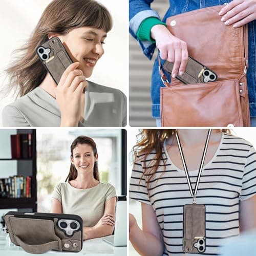 TOOVREN Wallet Case for iPhone 16 Plus Case with Card Holder Kickstand Adjustable Fits iPhone 16 Plus Wallet Case with Neck Strap Lanyard Leather for Women & Men 6.7 Inch Gray - Thumbnail 6