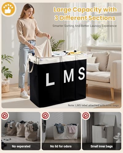 190L Laundry Hamper with Lid, Large Laundry Basket with Lid and 3 Section, Sturdy Laundry Baskets with 3 Removable Bags (L M S), Dirty Clothes Hamper Organizer for Laundry Room, Bedroom and Dorm Room - Thumbnail 3
