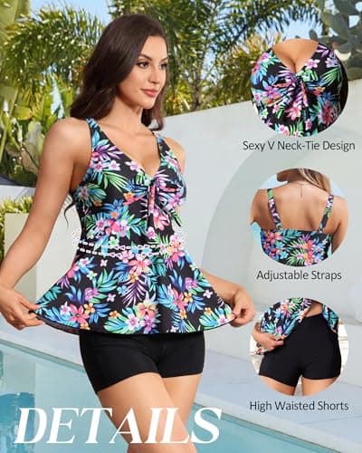 Loiyadn Womens Tankini Bathing Suits, Tankini Swimsuits for Women with Shorts, Flowy Bathing Suit for Women 2 Piece Swimsuit Adjustable Straps, S Black Pink - Thumbnail 6