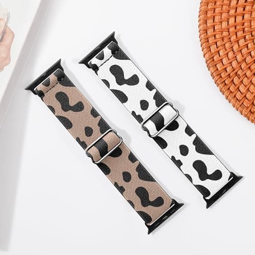 XSMDAJDTXZ 2 Pack Stretchy Solo Loop Compatible with Apple Watch Band 40mm 41mm 44mm 45mm 46mm 49mm 38mm 42mm Women Men, Sport Nylon Elastic Straps Braided Wristbands for iphone Watch Series 11 10 9 8 7 6 5 4 3 Ultra SE (rosecow/cow, 38mm/40mm/41mm/42mm(Series 10)) - Thumbnail 4