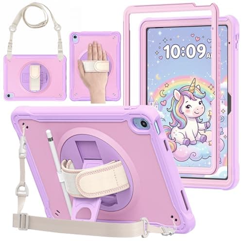 ProCase Kids Case for iPad A16 11th Gen 11" 2025/iPad 10th Gen 10.9" 2022 with Screen Protector, Fully-Body Shockproof Rugged Protective Cover with Rotatale Stand Hand/Shoulder Strap -Purplepink