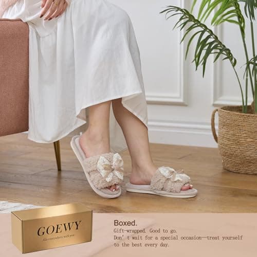 GOEWY Women's Open Toe Memory Foam Slippers - Cute Fuzzy House Shoes with Lace Bow, Soft Plush Slides for Indoor Comfort, Cozy Non-Slip Gift Gifts for Women Mom Ladies - Thumbnail 2