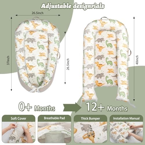 Alened Baby Lounger for Newborn 0-24 Months, Organic Cotton Infant Lounger on Floor for Supervised Tummy Time, Adjustable Portable Support Pad for New Born Awake Use Only - Dinosaur - Thumbnail 2