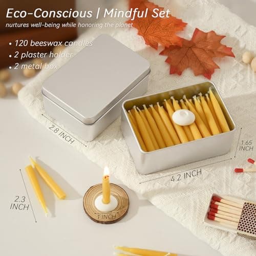 20 Minute 100% Pure Beeswax Candles, Mini Mindful Meditation Taper Candles, Smokeless & Dripless with Holder for Yoga, Prayer, Relaxation (Yellow,120 Pack) - Thumbnail 2