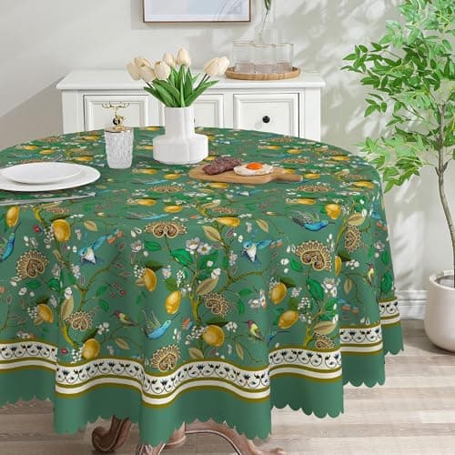 cusugbaso Spring Round Tablecloth 70 inches - Floral Lemon Branch Green Spring Decorations for Home - Hummingbird Farmhouse Table Cloth Spring Decor for Home, Party - Image 1
