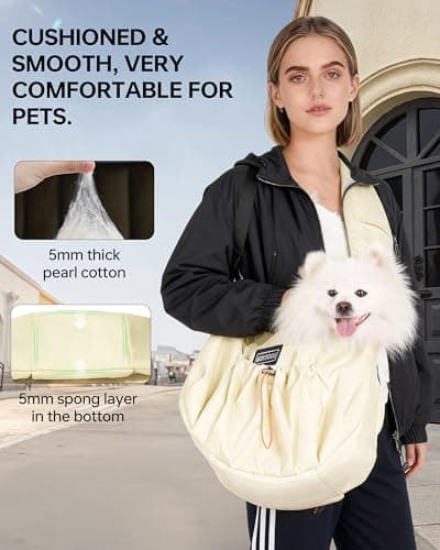 Puppy Sling Carrier for Small Dog-Widened and Thickened Shoulder Strap with Storage Pocket, Adjustable Hands-Free Small Dog Carrier Sling for Outdoor,Cat&Dog Sling Carrier 7-15 lbs, (Light Yellow). - Thumbnail 4