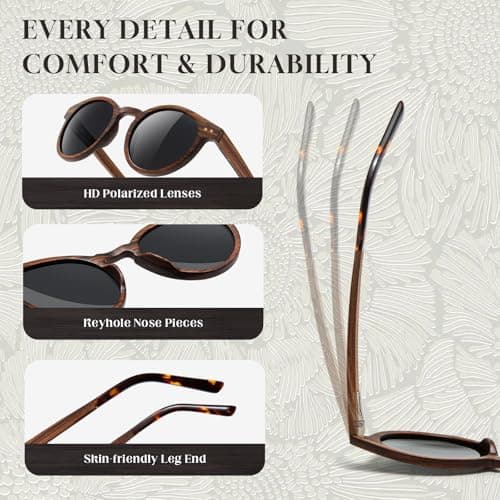 SUNGAIT Round Wood Polarized Sunglasses Women Men Vintage Retro Oak Walnut Rosewood Wooden Shades UV Protection (Rose Wood Frame/Grey Lens) - Thumbnail 4