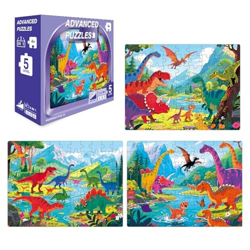 NurtureNook Dinosaur Puzzles for Kids Ages 4-6 3-5, Progressive Jigsaw Puzzle Set (72, 88, 96 Pieces), 3-in-1 Educational Learning Montessori Toys for Boys & Girls, Birthday Gift with 3 Storage Boxes