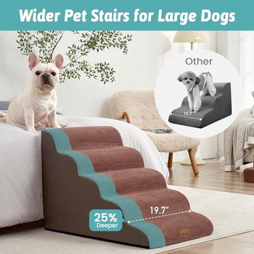 COZY KISS Extra Wide Dog Stairs 19.7" Width, Large Pet Step for Small Medium Dog, Puppy or Cat, Ramp for High Bed or Car, High Density Foam Ladder, Stable, 5 Step, 19.7x33x22.4 inch, Brown - Thumbnail 2
