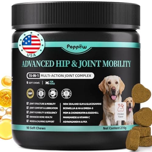 POPPAW Advanced Dog Joint Supplement – 15-in-1 Glucosamine for Dogs with Chondroitin, MSM & Green Lipped Mussel – Hip & Joint Pain Relief Mobility Chews, Chicken Flavor, 90Ct Breeds - Image 1