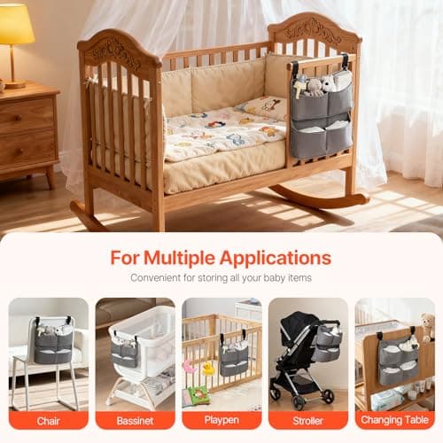 cutebeams Hanging Diaper Caddy for Crib, Diaper Organizer for Changing Table, Bassinet, Stroller, Playpen accessories – Large Capacity Baby Diaper Caddy Organizer with 4 Deep Pockets - Thumbnail 2