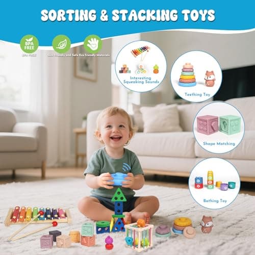 LearnToy Baby Toys 18-36 Months, Montessori 7-in-1 Activity Set - Stacking Blocks, Infant Teething Toy & Sensory Bin, Baby Boys & Girls Gifts - Thumbnail 5