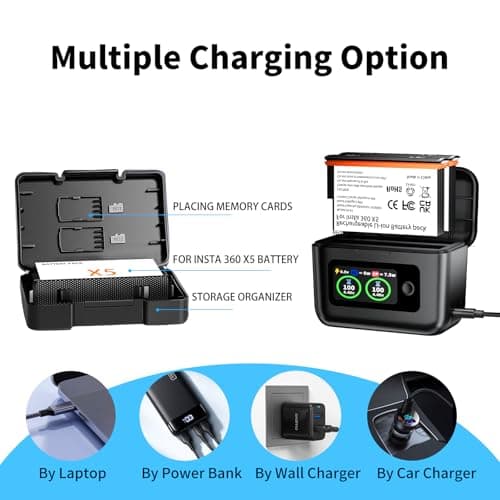 Runpower Insta 360 X5 Batteries (2 Packs) with Fast Charge Hub Dual Fast Charging Case w/LCD Display, Intelligent Charger Hub for Insta360 X5, Shows Battery SOC (Battery*2 and Charger*1) - Thumbnail 4