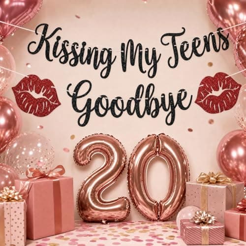 Black Glitter Kissing My Teens Goodbye Banner with Red Lips - Happy 20th Birthday Decorations for Girls Boys, Hello 20 Twenties Party Supplies, Funeral for My Youth Farewell 19 Photo Booth Backdrop - Thumbnail 4