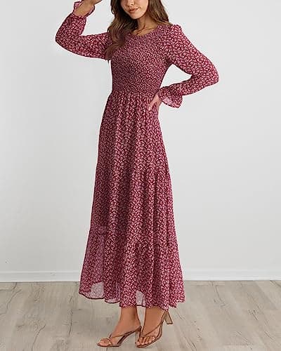 BTFBM Women Casual Long Sleeve Crew Neck Fall Dress Bohemian Relaxed Fit Floral Flowy Maxi Dresses Tiered Cocktail Dress(Floral Red White,X-Large) - Thumbnail 3