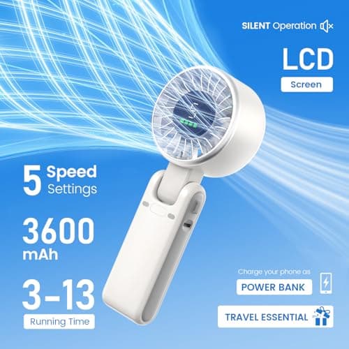 AWOAWO Portable Handheld Fan, 5 Gear Wind, Battery Operated, Up to 13 Working Hours, Mini Personal Hand Fan Blow Cold Air for Travel, Beach, Vacation & Outdoor Activities（White） - Thumbnail 2
