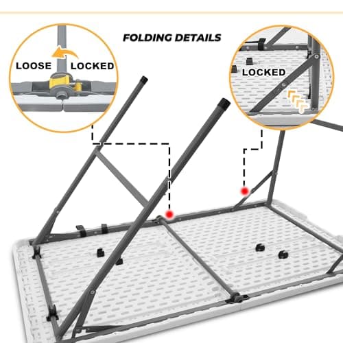Outspurge 4ft Portable Folding Table, Indoor Outdoor Plastic Dining Table w/Handle, Fold-in-Half Utility Foldable Table for Camping, Picnic and Party, White - Thumbnail 5