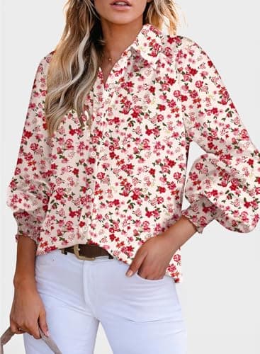 Dokotoo Womens Tops Oversized Cute Tops for Women 2026 Trendy Dressy Casual Fall Long Sleeve Shirts V Neck Button Down Ladies Tops and Blouses Allover Floral Flowy Work Business Top Red XX-Large - Thumbnail 3