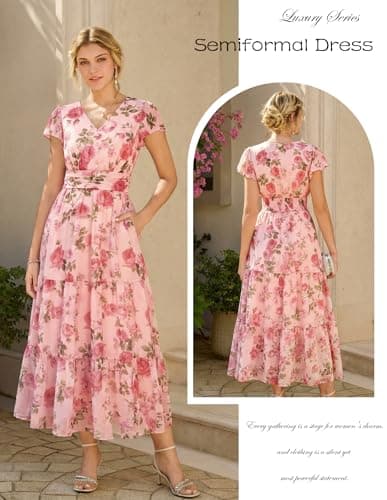 GRACE KARIN Women Summer Dress,Maxi Floral Dresses,V Neck Wedding Guest Flowy Dress 2026 Grayish-Pink with Pink Rose XL - Thumbnail 2