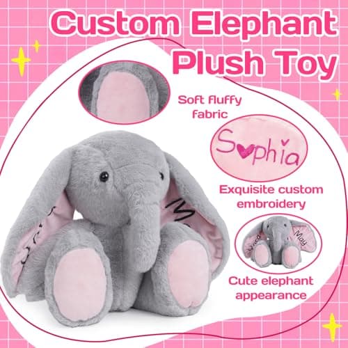 Personalized Elephant Stuffed Animal, Custom Elephant Plush with Embroidered Name, Toys for 1 2 3 Year Old Baby Girls Boys, Customized Christmas Birthday Gifts for Infant Toddler Newborn (Elephant) - Thumbnail 5