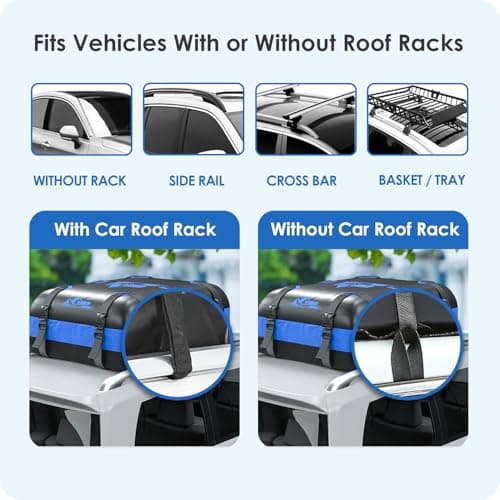 BATSUVCER Car Rooftop Cargo Carrier Bag 20 Cubic Feet, 100% Waterproof Heavy Duty Car Roof Bag for All Vehicle with/Without Racks - Anti-Slip Mat, 6 Door Hooks, Storage Bags, 5CM Straps(Blue) - Thumbnail 4