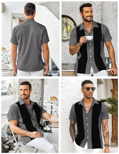 YTD Men's Vintage Bowling Shirt Short Sleeve Button Down Summer Cuba Beach Shirts Black Dark Gray - Thumbnail 4