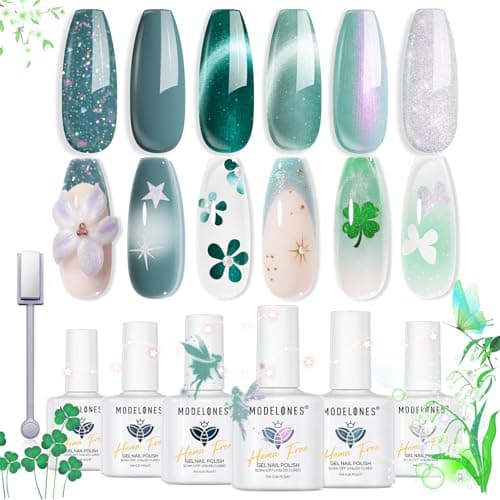 modelones Gel Nail Polish, 6 Colors Hema Free 9D Cat Eye Green Glass Sliver Green Glitter Shimmer 2026 Spring Nail Polish Kit with Magnet Soak Off LED Winter Cateye Nail Art Gel DIY Salon - Image 1