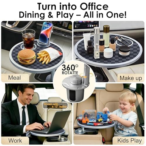 Car Food Tray & Car Table Tray with Car-Grade Aluminum Cup Holder & Phone Stand, Premium Wood with Leather Surface, 360° Rotating Car Desk for Laptop &Eating (Round, Black&Grey) - Thumbnail 6