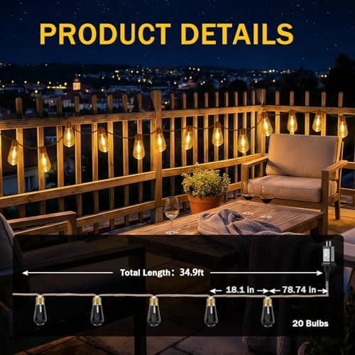 (New) Outdoor String Lights, 24FT 20 LED Hanging Bulbs Lights, IP65 Waterproof 8 Modes Plug-in Shatterproof Patio Globes Lights with Rope Hemp String for Backyard Balcony Camping Bistro - Warmwhite - Thumbnail 6