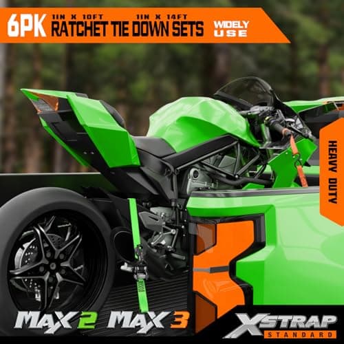 XSTRAP STANDARD 6-Pack Ratchet Tie Down Straps Set - 1 Inch 4 x 14ft & 2 x 10ft Tie-Down, 3300 lbs Break Strength Heavy Duty Cargo Straps with Coated S-Hooks for Moving, Motorcycle, Truck, Trailer - Thumbnail 2