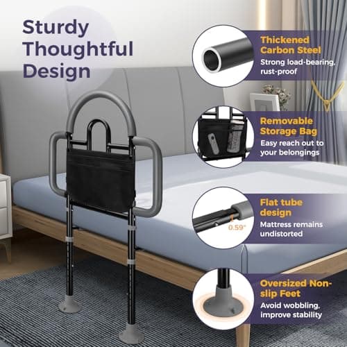 EASYVAVA Bed Rails for Elderly Adults Safety, Adjustable Bed Assist Rail - Portable Bed Cane Supports 400 Lbs,ASTM Approved Bedside Safety & Stability for Seniors,for Bed Frames 14.57"-20.67" - Thumbnail 4