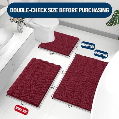 Grandaily Chenille Striped Bathroom Rugs 47x20, Extra Thick and Absorbent Bath Mats, Non-Slip Soft Plush Shaggy Shower Carpet, Machine Wash Dry, Bath Rug for Bathroom, Burgundy - Thumbnail 2