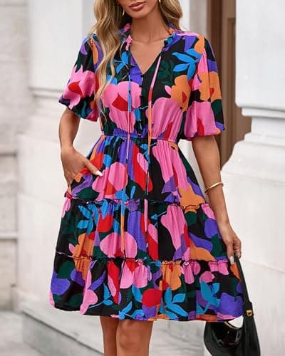 BTFBM Women Summer Floral Short Dresses V Neck Short Sleeve Tiered Ruffle Boho Swing Dress A-Line Mini Dresses(Floral Black,Medium) - Thumbnail 4