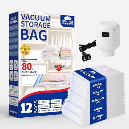 ZoeEnjoyLife,Vacuum Storage Bags with Electric Pump, 12 Pack (2 Roll-Up,3 Small,3 Medium,2 Large,2 Jumbo), Heavy Duty PA+PE Space Saver Bags for Clothes, Bedding, Home & Travel - Image 1