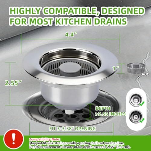 Sink Drain Strainer - Kitchen Sink Stopper, 3 in 1 Kitchen Sink Drain Strainer with Anti-Clogging Basket, Fit US Standard 3-1/2'' Sink Hole - Thumbnail 2